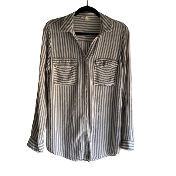 E+M Long sleeve Rayon Gray and White Striped Size Large - Picture 1 of 6